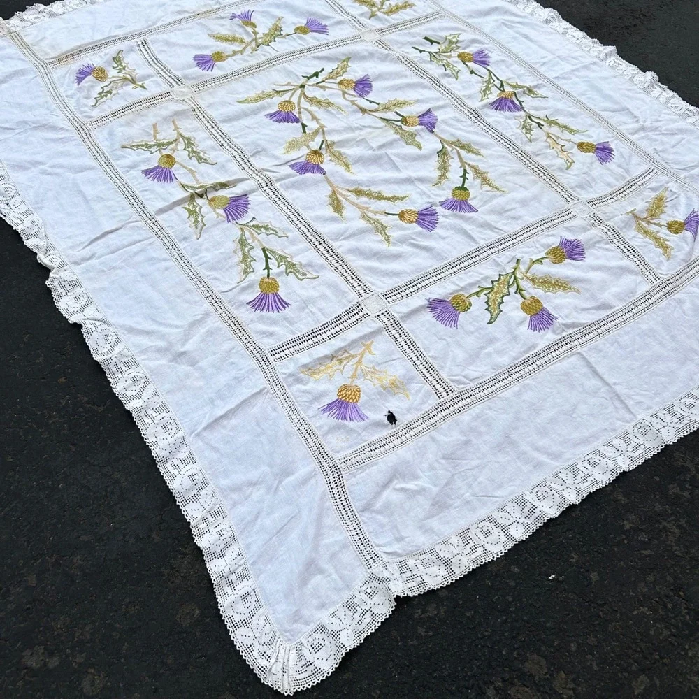 Vintage Hand Embroidered Irish Thistle Floral Table Cloth White Crochet Lace